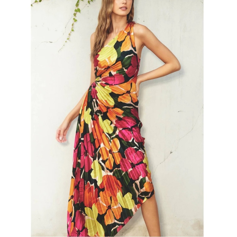Multi Color Floral Print Asymmetrical Pleated Maxi Dress, Beautiful